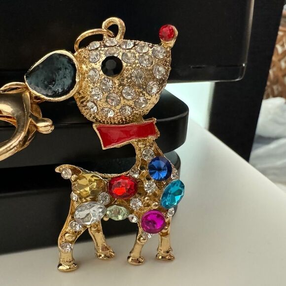 Reindeer Keychain Crystal Rhinestone With Multicolor Gems & Gold Plating - Picture 5 of 5